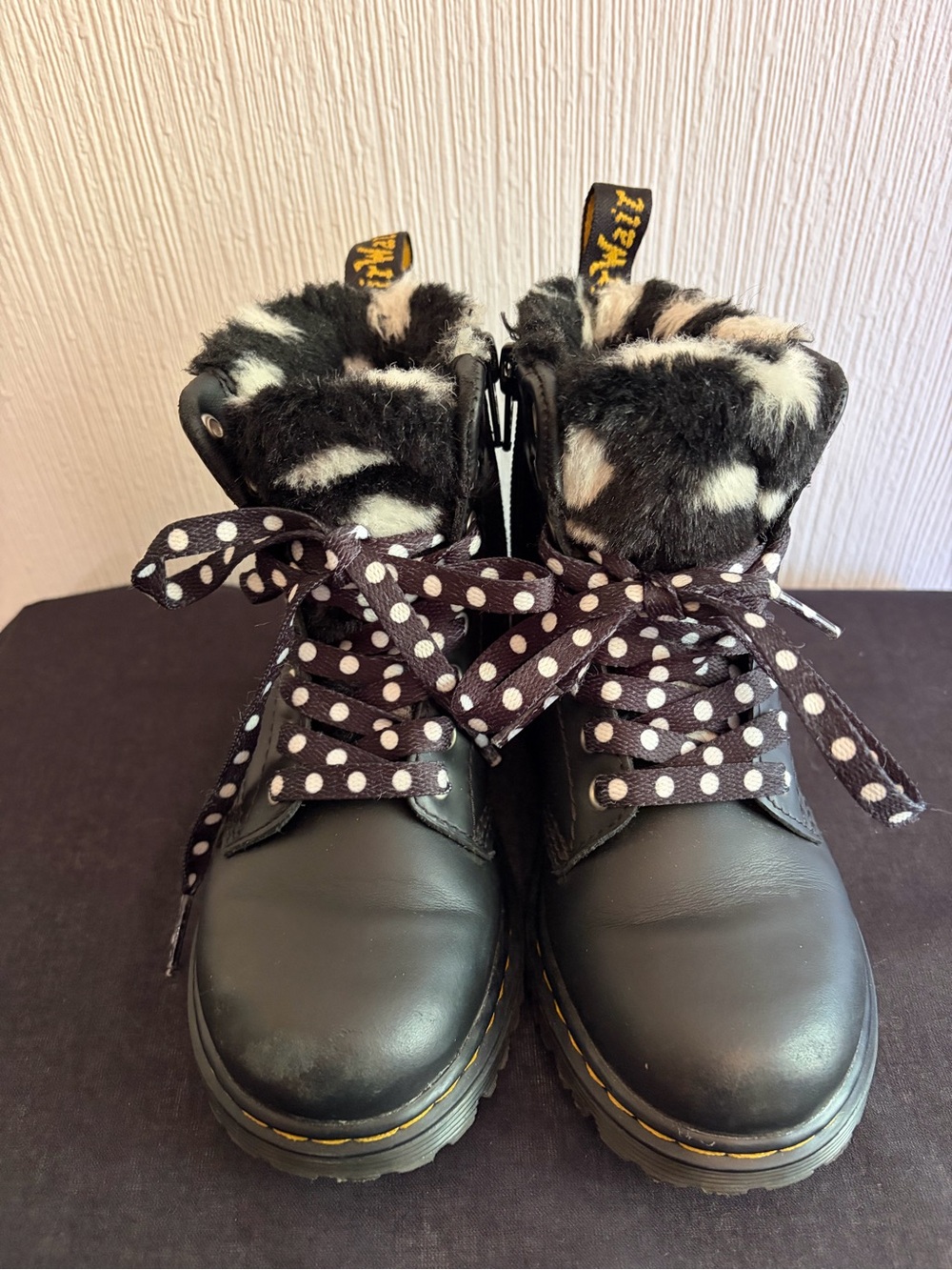 Dr. Martens Jadon Faux Fur Combat Boots Black & White polka dots US 11c